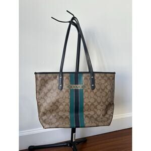 Y2K Coach Signature Monogram Stripes Shoulder Bag Tote Khaki Blue Leather Trim